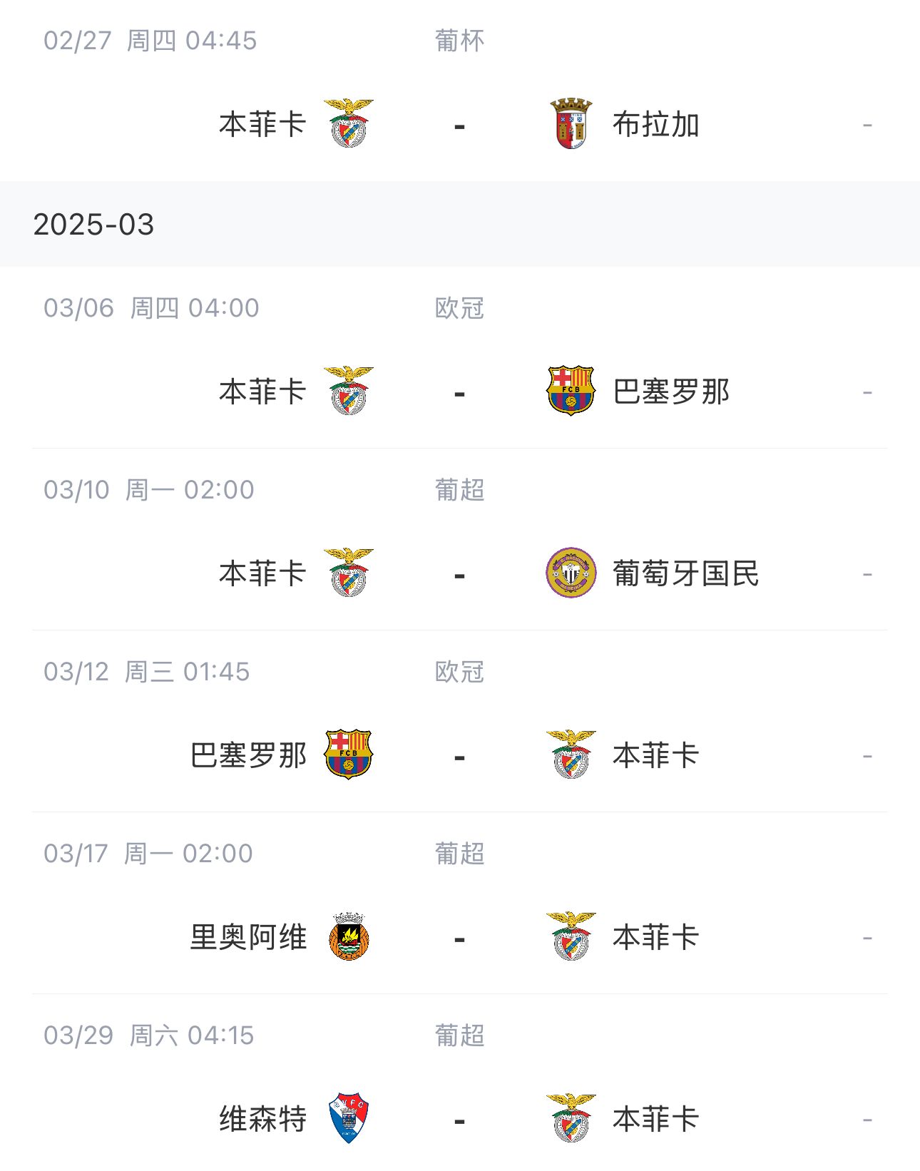  讓路歐冠！本菲卡戰(zhàn)巴薩首回合比賽前的葡超比賽推遲進(jìn)行